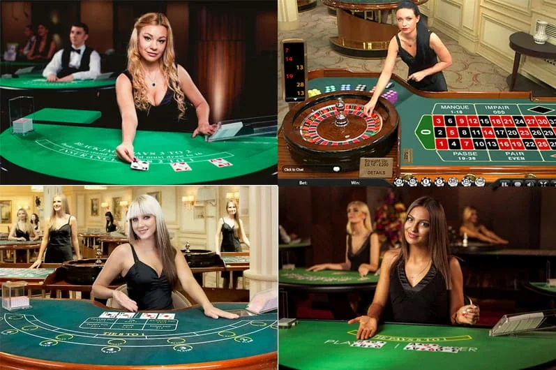Antarmuka permainan meja live dengan dealer dan panel taruhan